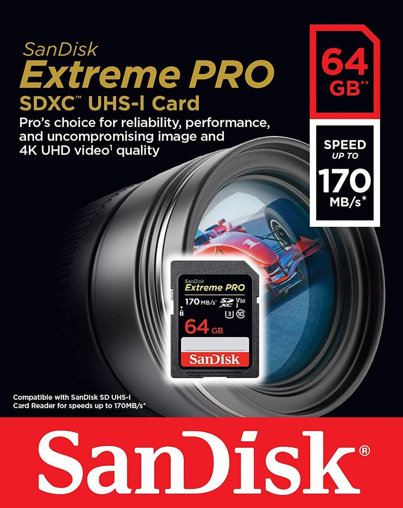 SanDisk 64GB Extreme PRO SDXC UHS-I Card - C10, U3, V30, 4K UHD, SD Card